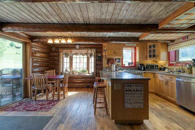 kitchen featuring wood ceiling, a wealth of natural light, beam ceiling, and log walls