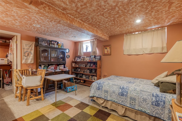 bedroom with light carpet