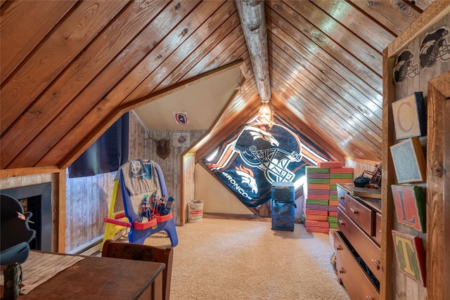 playroom with lofted ceiling, wood walls, and carpet flooring