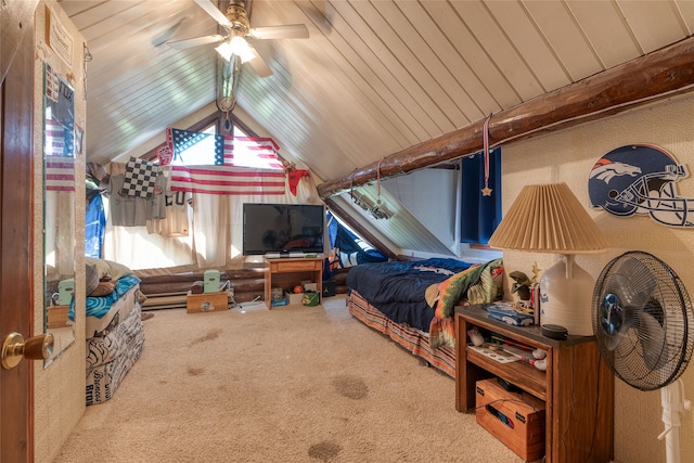 carpeted bedroom with lofted ceiling with beams and ceiling fan