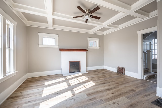 unfurnished living room featuring coffered ceiling, light hardwood / wood-style flooring, and a healthy amount of sunlight