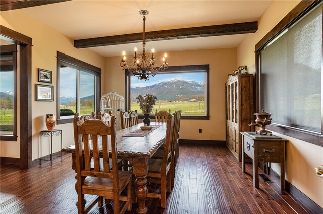 dining area featuring dark hardwood / wood-style floors, plenty of natural light, beam ceiling, and a mountain view