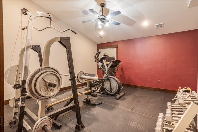 exercise room with ceiling fan