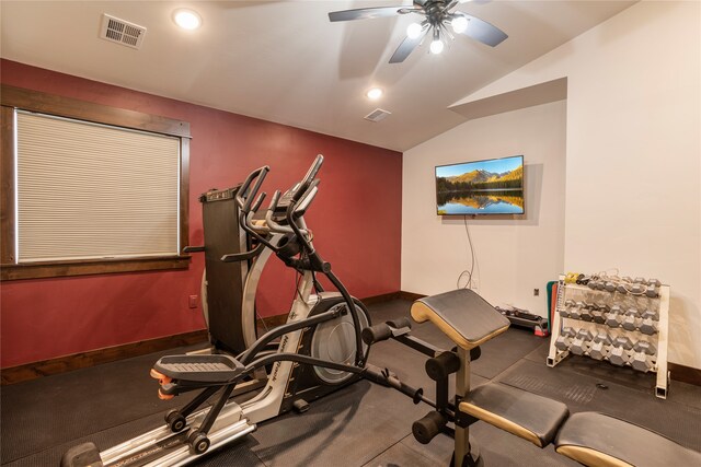 exercise room featuring ceiling fan and lofted ceiling