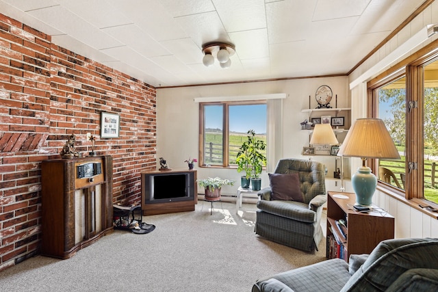 carpeted living room with a healthy amount of sunlight, crown molding, and brick wall