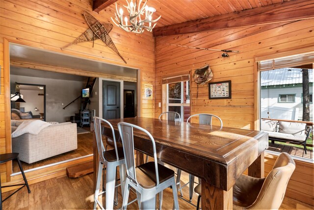 dining space with wood ceiling, an inviting chandelier, beam ceiling, wood-type flooring, and a wood stove