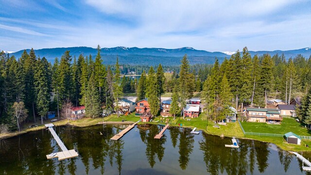 birds eye view of property with a water and mountain view