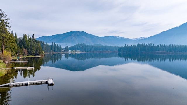 view of water feature featuring a mountain view and a boat dock