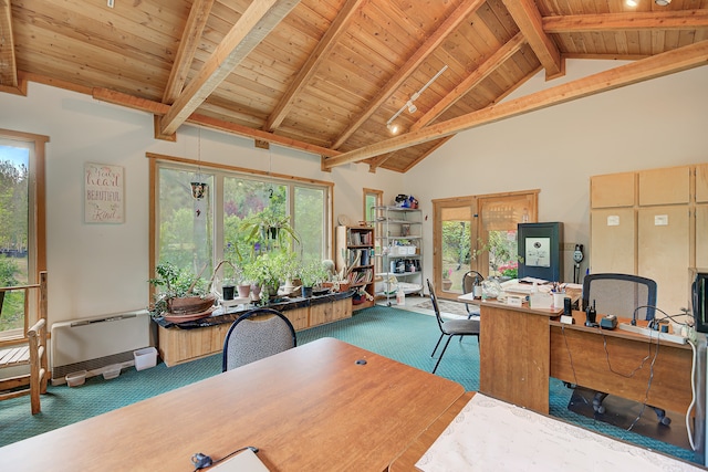 carpeted office space featuring high vaulted ceiling, beamed ceiling, and wooden ceiling