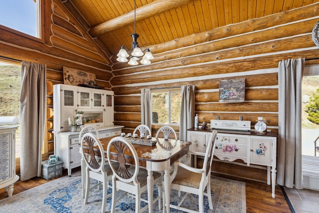 dining area featuring a chandelier, wooden ceiling, high vaulted ceiling, beamed ceiling, and dark hardwood / wood-style floors