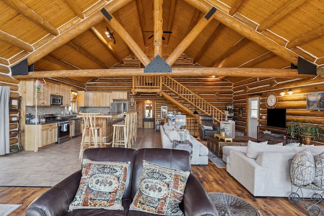 living room featuring high vaulted ceiling, wood-type flooring, wooden ceiling, and beam ceiling