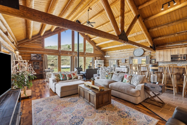 living room with rail lighting, high vaulted ceiling, ceiling fan, wooden ceiling, and beamed ceiling