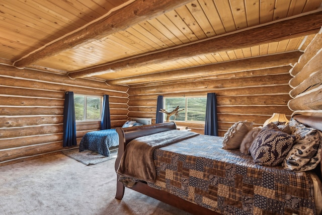 carpeted bedroom with log walls, beamed ceiling, and wooden ceiling