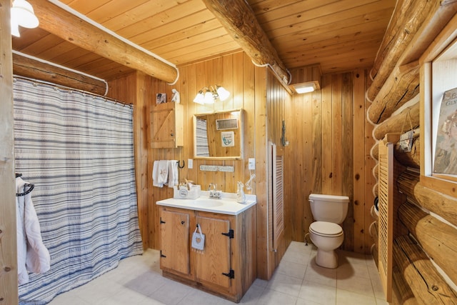 bathroom featuring wood ceiling, toilet, vanity, beamed ceiling, and a shower with shower curtain