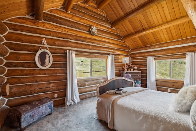 carpeted bedroom with multiple windows, vaulted ceiling with beams, and wood ceiling