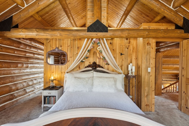 unfurnished bedroom featuring beamed ceiling, high vaulted ceiling, carpet floors, and wooden ceiling