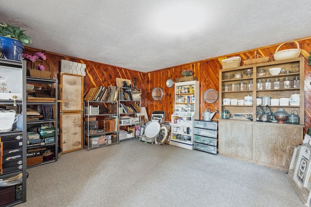 interior space with wood walls and a textured ceiling