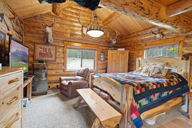 carpeted bedroom with rustic walls, wooden ceiling, high vaulted ceiling, and beamed ceiling