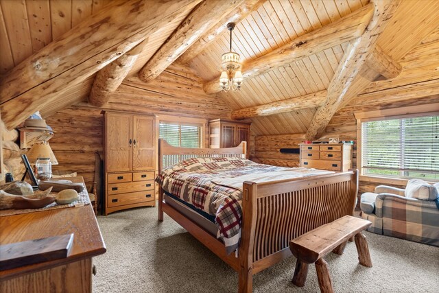 bedroom with rustic walls, light colored carpet, lofted ceiling with beams, wood ceiling, and a chandelier