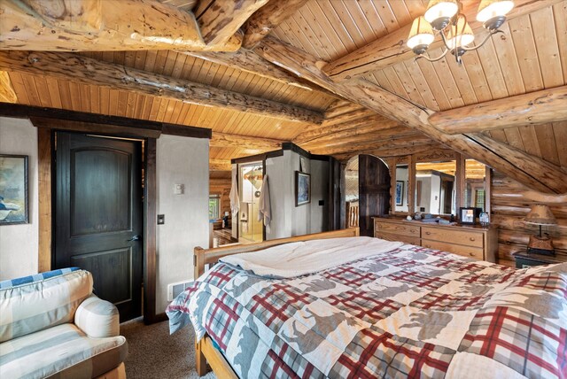 bedroom with visible vents, wood ceiling, an inviting chandelier, carpet, and beam ceiling