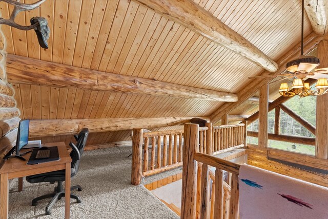 office featuring carpet floors, rustic walls, lofted ceiling with beams, wood ceiling, and a chandelier