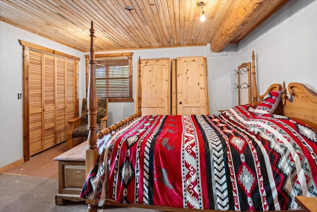 bedroom featuring concrete floors, wood ceiling, and baseboards