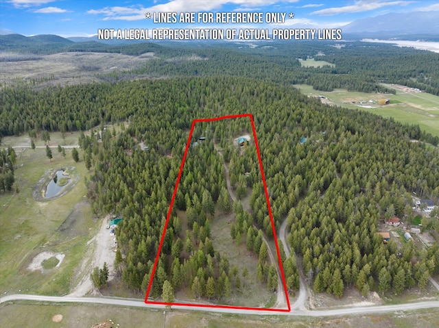 aerial view featuring a mountain view and a wooded view