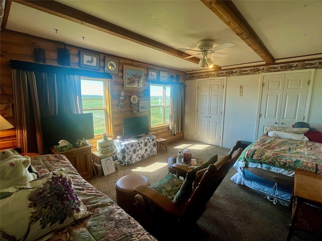 630 18th Rd NW, Choteau, MT 59422 - bedroom featuring beamed ceiling, ceiling fan, and carpet floors