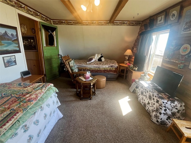 630 18th Rd NW, Choteau, MT 59422 - bedroom with carpet floors and beamed ceiling