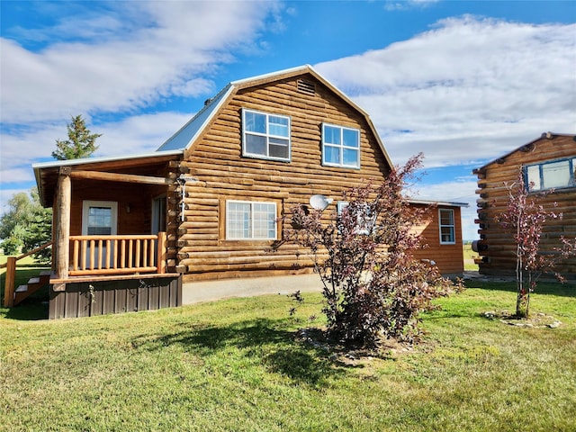 630 18th Rd NW, Choteau, MT 59422 - back of property with a gambrel roof, metal roof, a lawn, and log siding