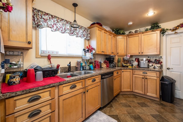 kitchen with dishwasher, hanging light fixtures, dark countertops, and a sink