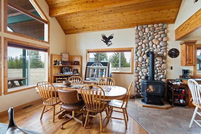 400 Kintla Ranch Rd, Polebridge, MT 59928 - dining space with a wood stove, a wooden ceiling with exposed beams, high vaulted ceiling, and wood finished floors