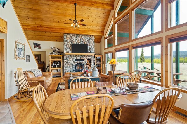 400 Kintla Ranch Rd, Polebridge, MT 59928 - dining room featuring wood ceiling, ceiling fan, high vaulted ceiling, light wood-style floors, and a stone fireplace