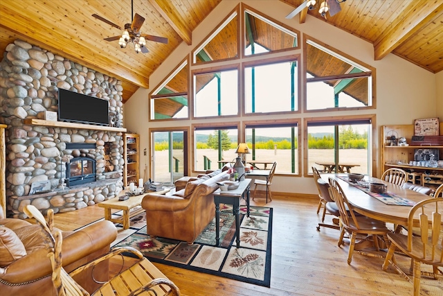 400 Kintla Ranch Rd, Polebridge, MT 59928 - living area with ceiling fan, a wooden ceiling with exposed beams, healthy amount of natural light, wood-type flooring, and a stone fireplace