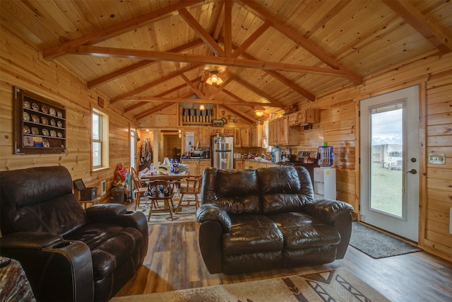 living room featuring wood ceiling, wooden walls, lofted ceiling with beams, and hardwood / wood-style floors