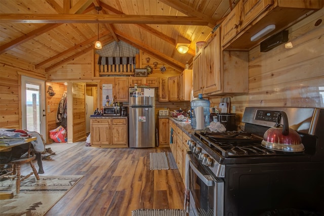 kitchen with dark wood-type flooring, appliances with stainless steel finishes, wooden walls, and wooden ceiling