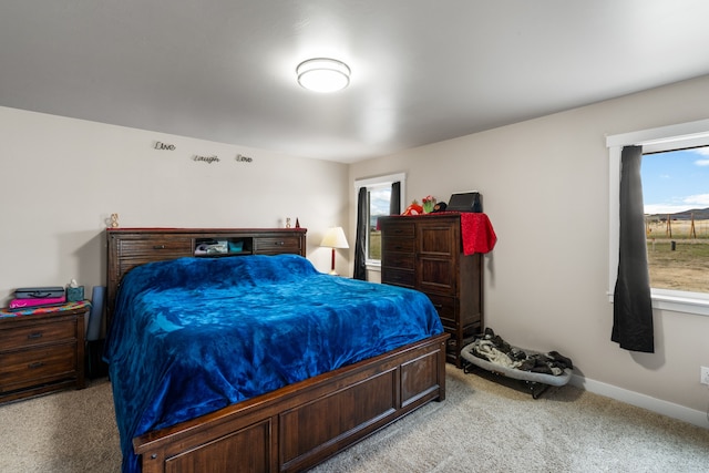 bedroom with light carpet and multiple windows