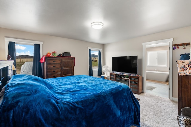 bedroom with light carpet, multiple windows, and ensuite bathroom