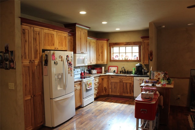 kitchen featuring wood-type flooring, white appliances, and sink