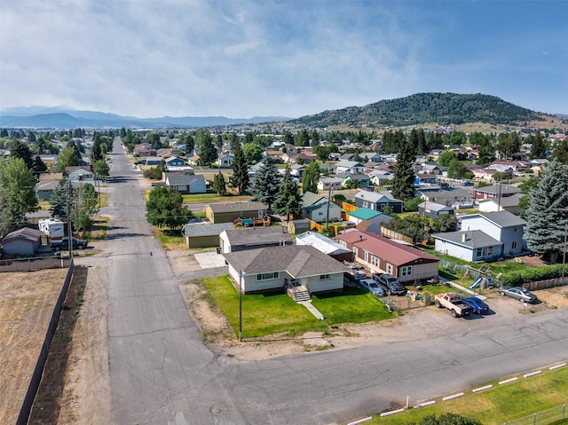 drone / aerial view featuring a mountain view