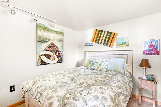 bedroom featuring track lighting and carpet flooring