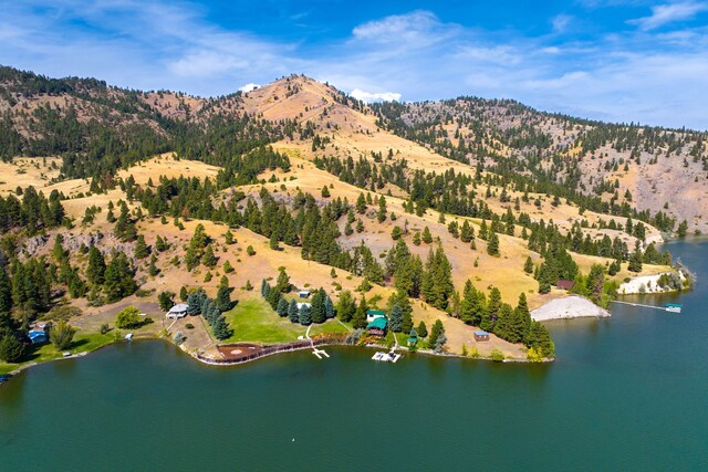 bird's eye view featuring a water and mountain view