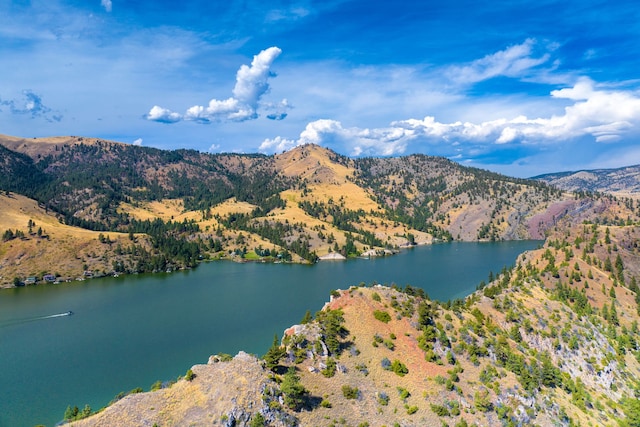 birds eye view of property featuring a water and mountain view