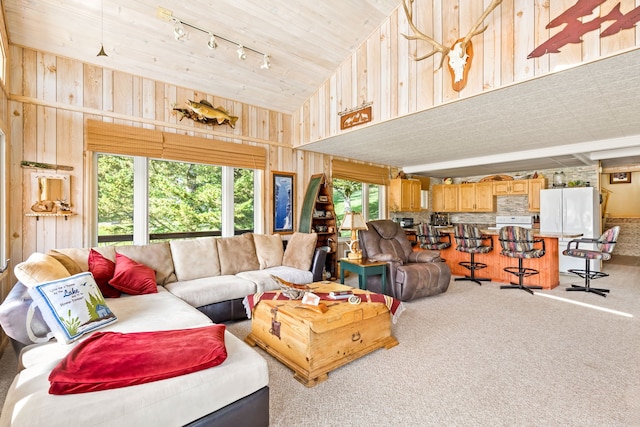 living room with rail lighting, plenty of natural light, light colored carpet, and high vaulted ceiling