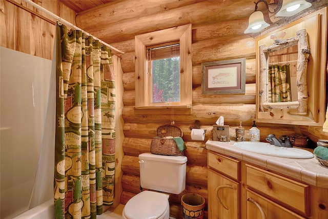 bathroom with toilet, rustic walls, vanity, and shower / tub combo with curtain