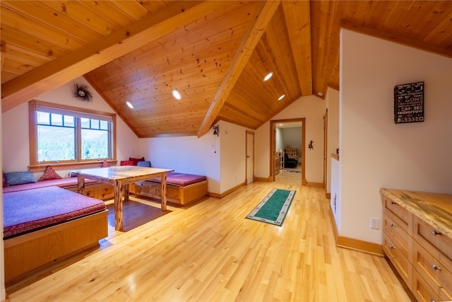 bedroom with light wood-type flooring, wooden ceiling, lofted ceiling with beams, and baseboards