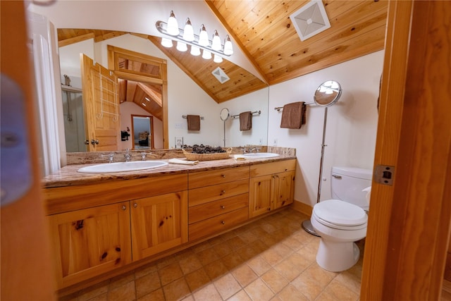 full bathroom with lofted ceiling, wood ceiling, double vanity, and a sink