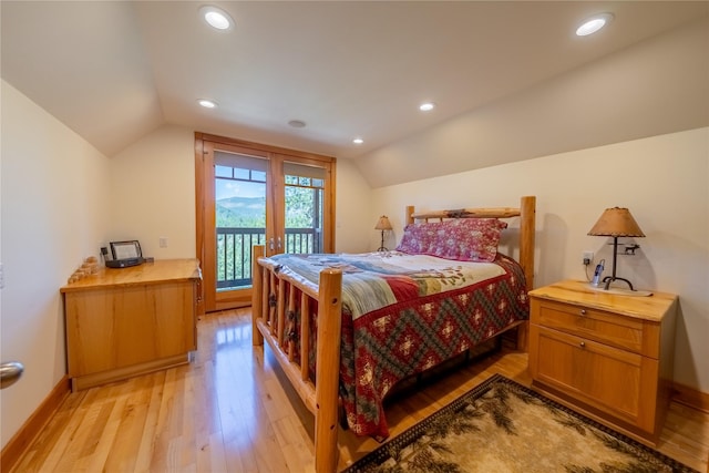 bedroom featuring baseboards, light wood-style flooring, access to exterior, vaulted ceiling, and recessed lighting