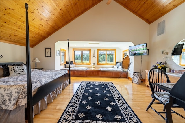 bedroom with wood ceiling, high vaulted ceiling, light wood-type flooring, and visible vents