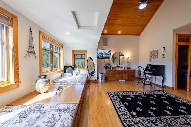 interior space featuring recessed lighting, visible vents, light wood-type flooring, wooden ceiling, and baseboards